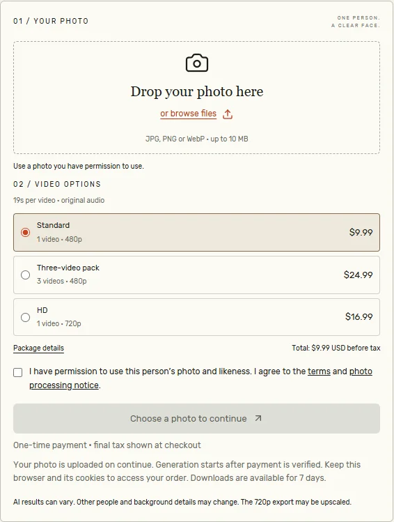 Bulin 47 AI Studio photo panel with browse files, video packages and the photo permission checkbox